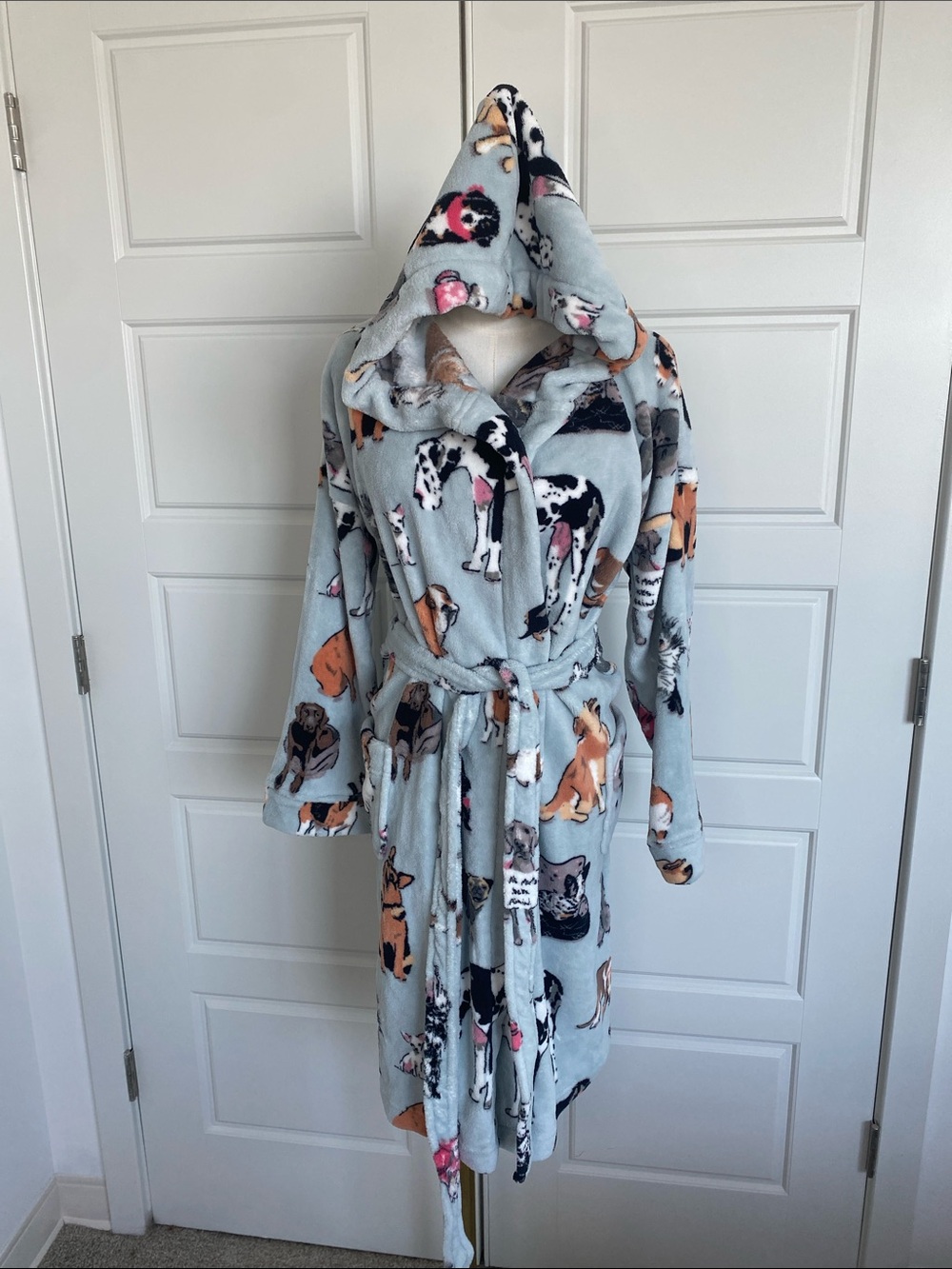 NWT Vera Bradley Dog Show Fleece Hooded Robe L XL Dogs Gray Plush